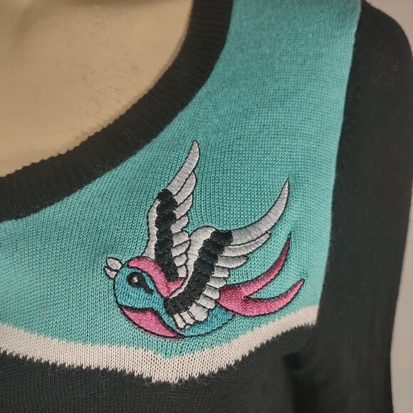 Too Fast black teal embroidered birds button front cardigan sweater ladies Large - Picture 5 of 10